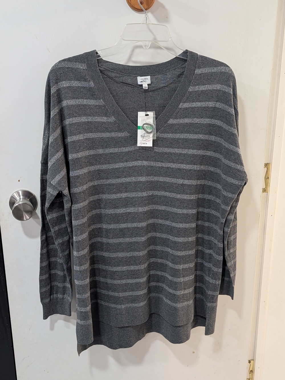crown & ivy Gray Striped V-Neck Sweater